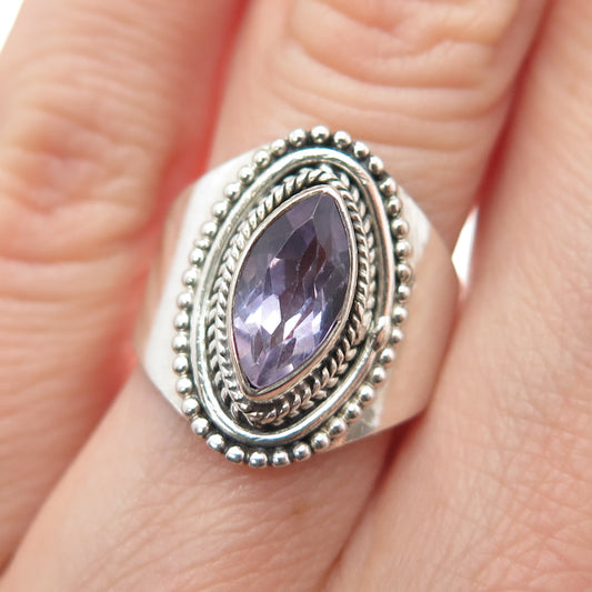 925 Sterling Silver Vintage Real Marquise-Cut Amethyst Beaded Ring Size 6