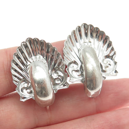 925 Sterling Silver Antique Art Deco Seashell Repousse Screw Back Earrings