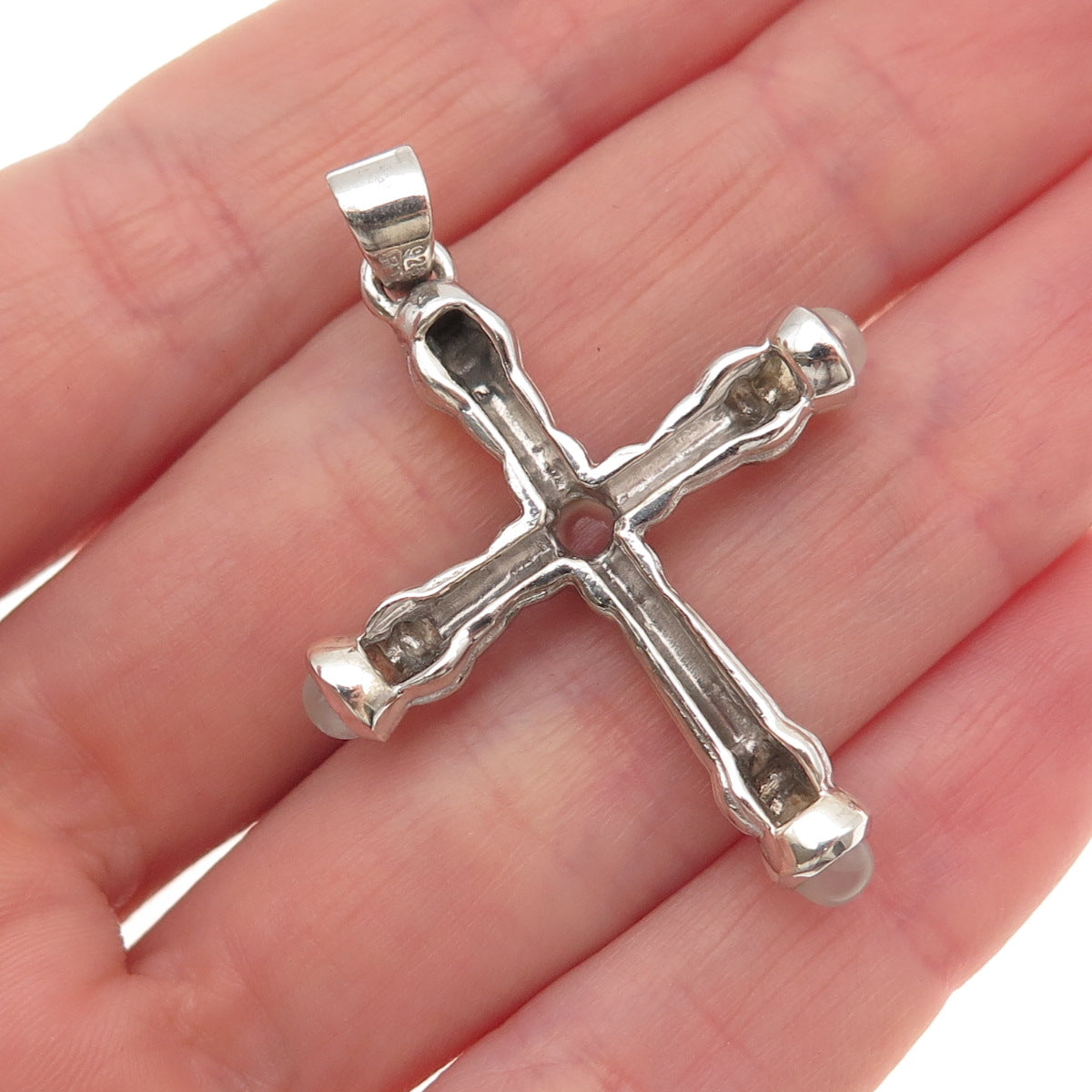 925 Sterling Silver Vintage Real Moonstone Cross Charm Pendant