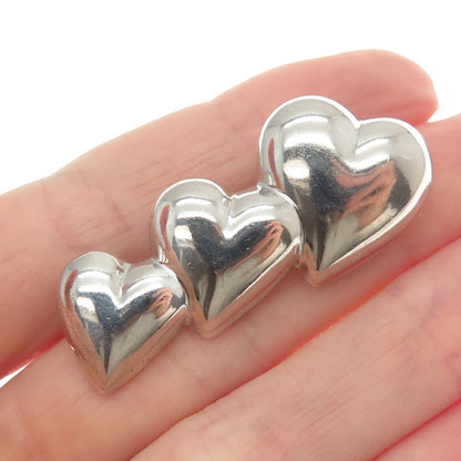 925 Sterling Silver Vintage Graduated Puffy Three Hearts Pin Brooch