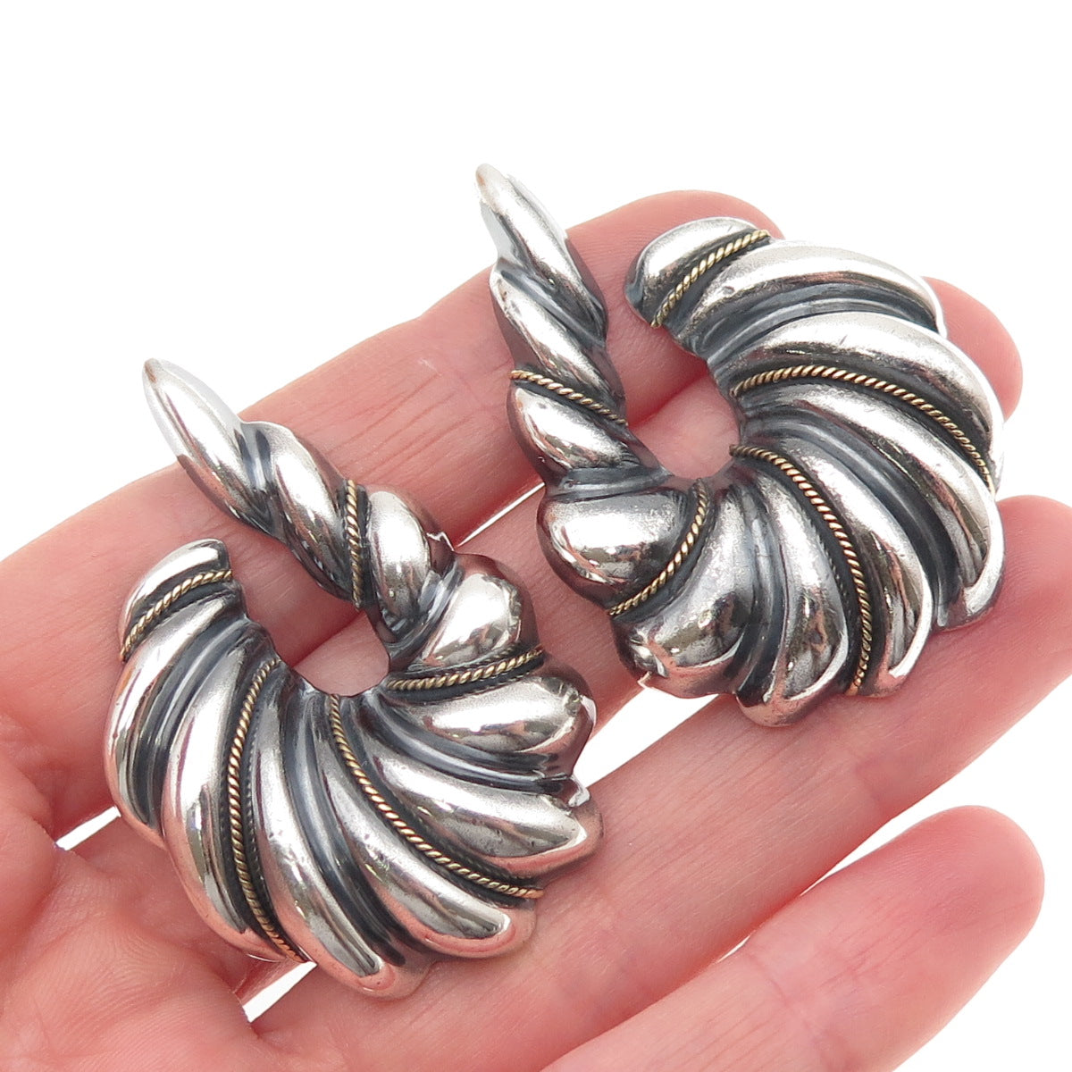 925 Sterling Silver 2-Tone Vintage Mexico Modernist Hook Clip On Earrings