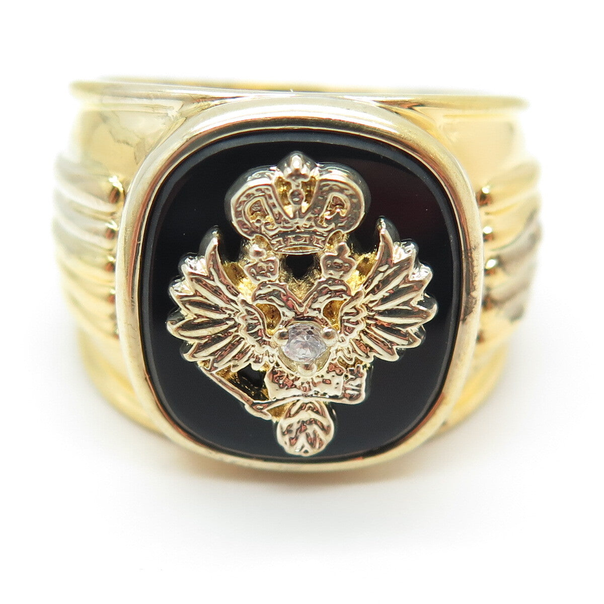 NLP TNC INC Sterling Gold Plated Vintage Onyx & C Z Coat of Arms Ring Size 9.75