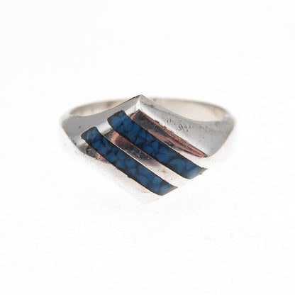 925 Sterling Silver Vintage Real Turquoise Inlay Oxidized Ring Size 7.75