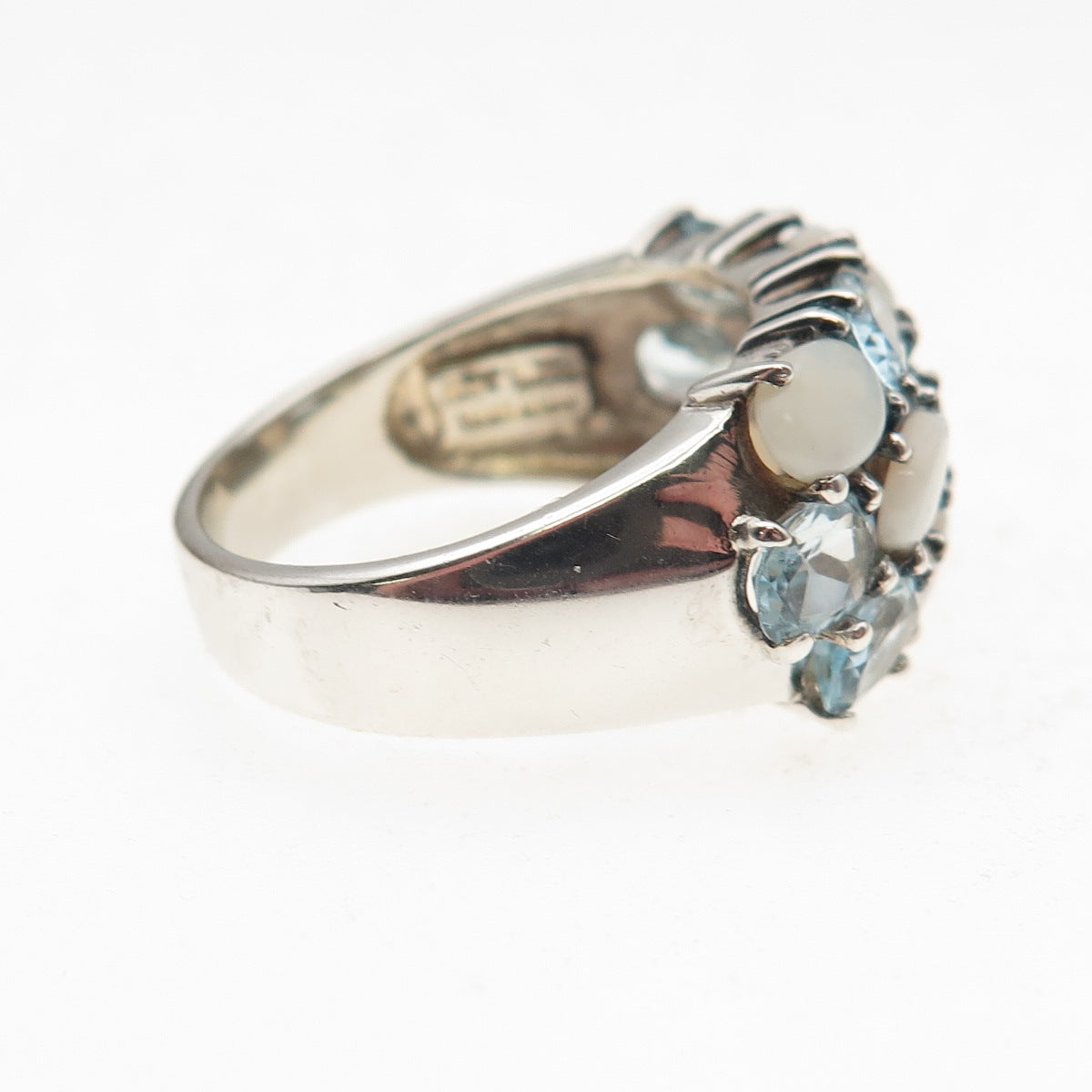 925 Sterling Silver Real Oval-Cut Blue Topaz & Opal Cluster Ring Size 9.25