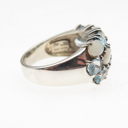 925 Sterling Silver Real Oval-Cut Blue Topaz & Opal Cluster Ring Size 9.25