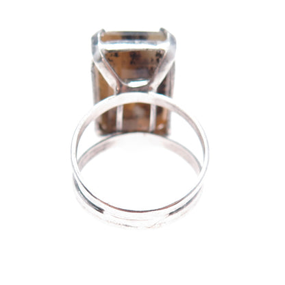 925 Sterling Silver Vintage Real Dendritic Agate Modernist Ring Size 6.5