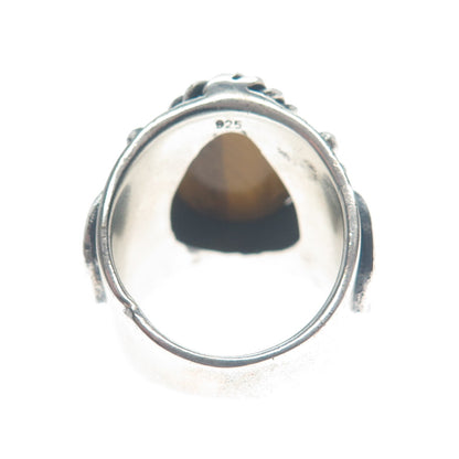 925 Sterling Silver Vintage Pear-Cut Tiger Eye Heart Oxidized Ring Size 8.75
