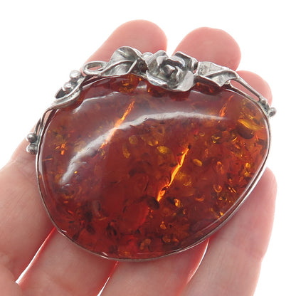 925 Sterling Silver Vintage DC Poland Real Amber Rose Flower Modernist Brooch