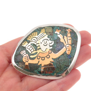 Los Ballesteros 925 Sterling 3-Tone Vintage Mexico Real Azurite Warrior Brooch