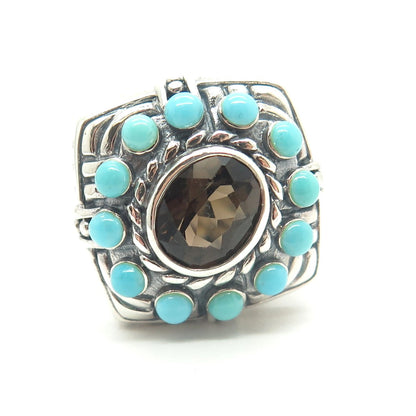 925 Sterling Silver Vintage Real Smoky Quartz & Turquoise Gemstone Ring Size 8