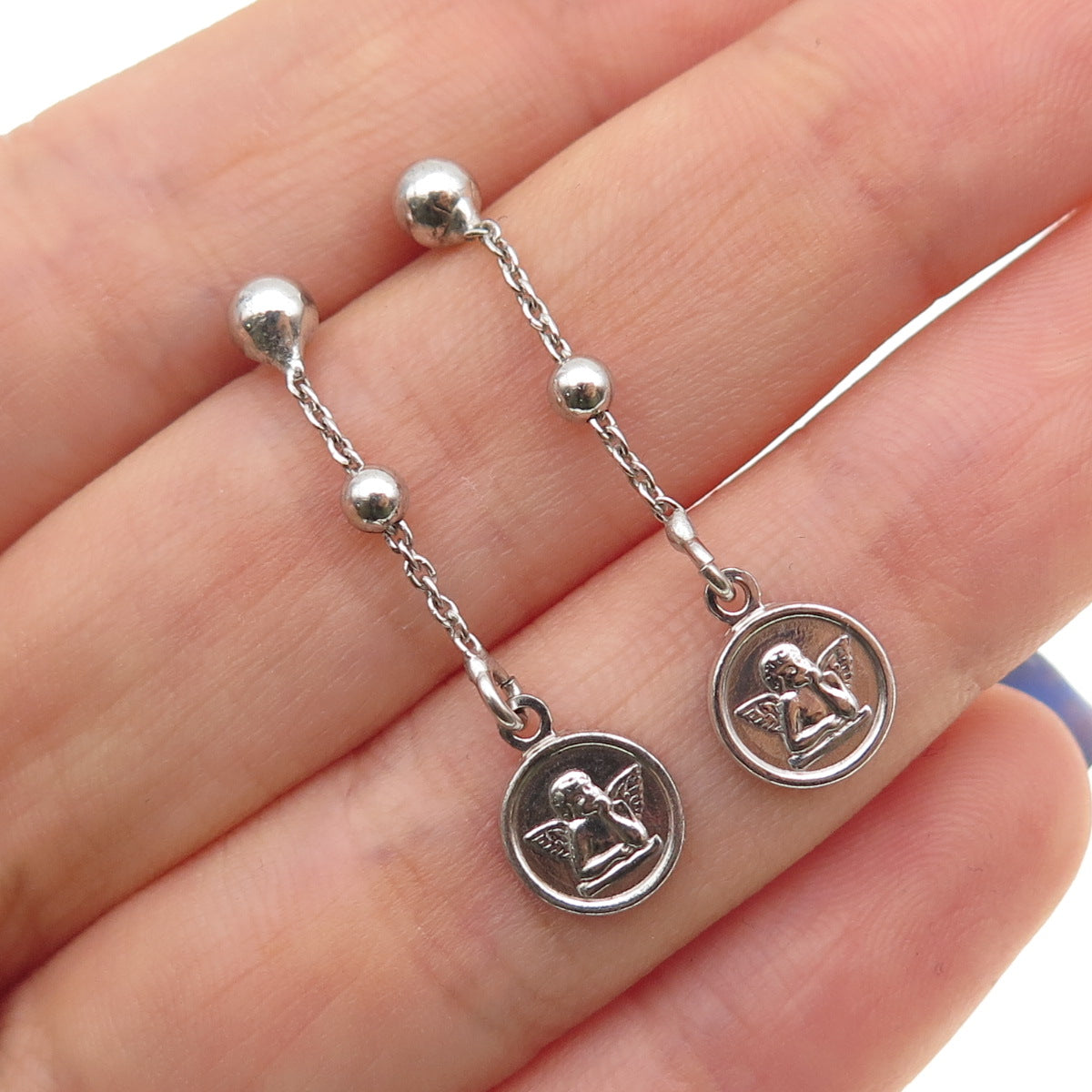 925 Sterling Silver Cherub Drop Chain Dangle Earrings