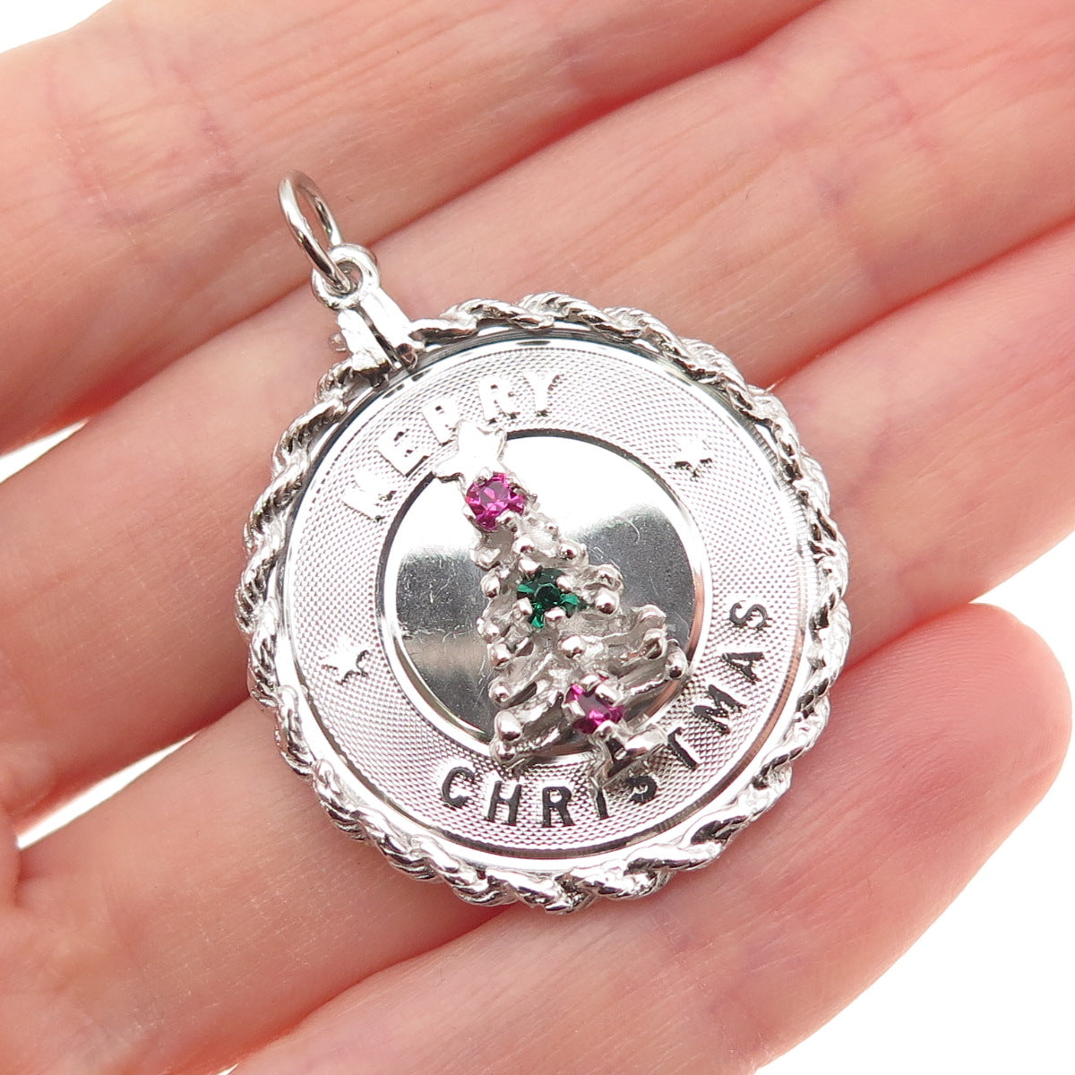 925 Sterling Silver Vintage Rhinestone Merry Christmas Tree Charm Pendant