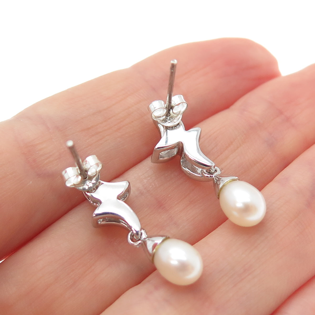 925 Sterling Silver Real Pearl & Round-Cut C Z Crescent Dangle Earrings