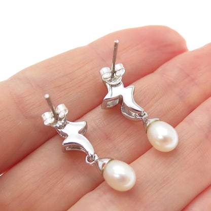 925 Sterling Silver Real Pearl & Round-Cut C Z Crescent Dangle Earrings