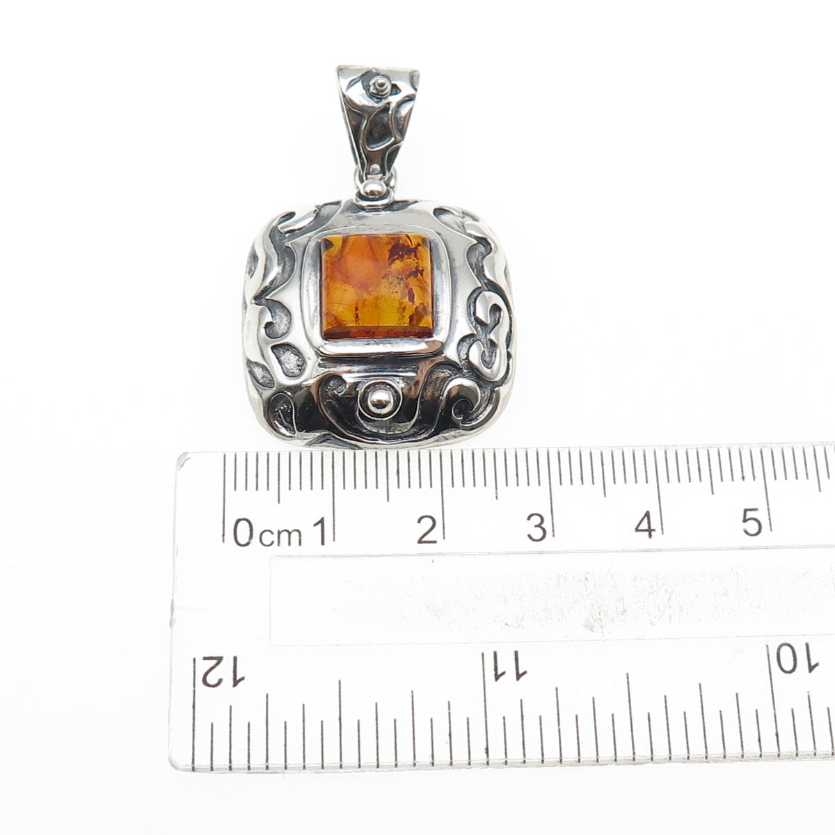 925 Sterling Silver Vintage Real Amber Swirl Oxidized Charm Pendant