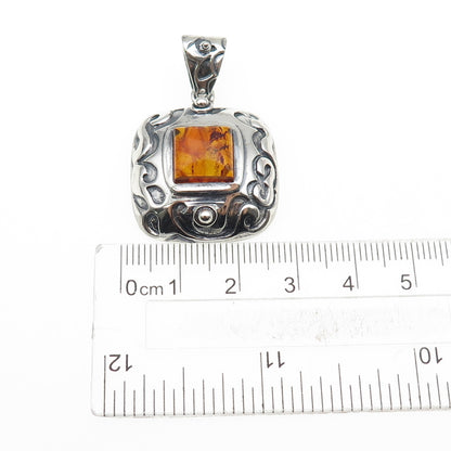 925 Sterling Silver Vintage Real Amber Swirl Oxidized Charm Pendant