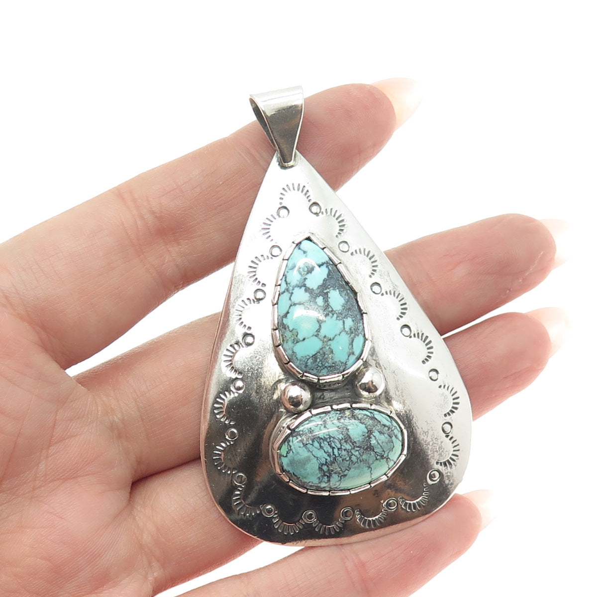 Old Pawn 925 Sterling Silver Vintage Peacock Turquoise Teardrop Tribal Pendant