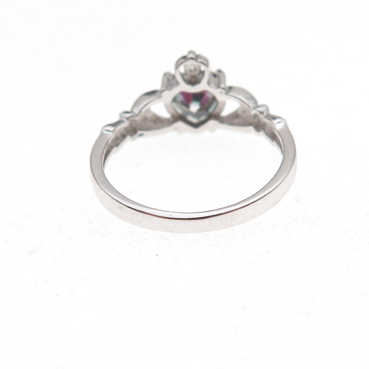 925 Sterling Silver Real Mystic Quartz & C Z Irish Claddagh Ring Size 7.25