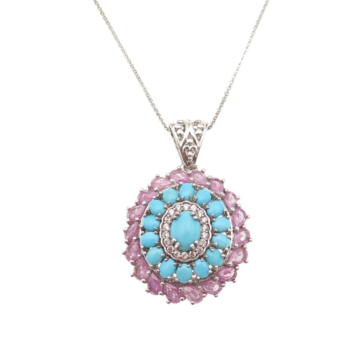 D'Joy 925 Sterling Silver Real Turquoise Ruby & White Topaz Chain Necklace 20"