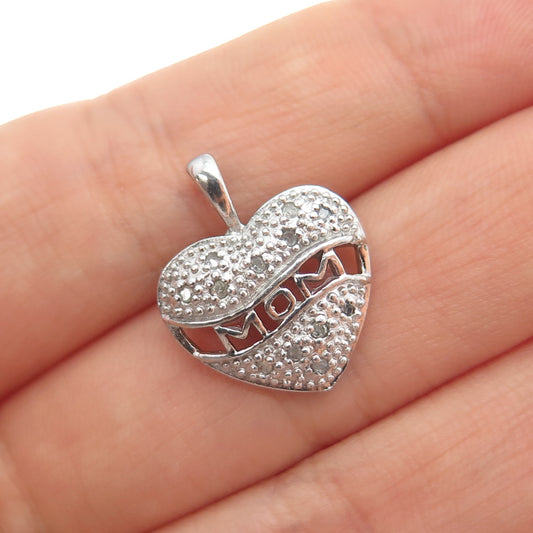 925 Sterling Silver Real Round-Cut Diamond Mom Heart Mini Charm Pendant