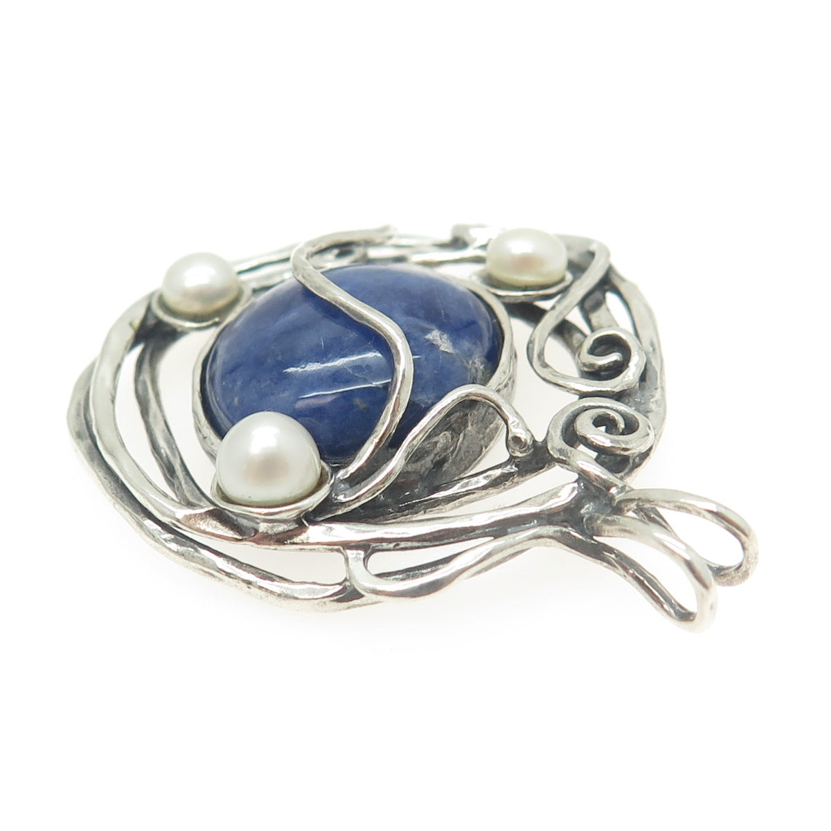 925 Sterling Silver Vintage Real Sodalite & Pearl Modernist Swirl Pendant