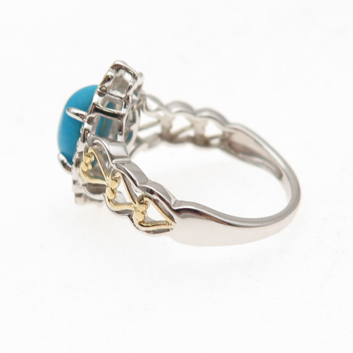 925 Sterling Silver 2-Tone Real Sleeping Beauty Turquoise Floral Ring Size 8.25