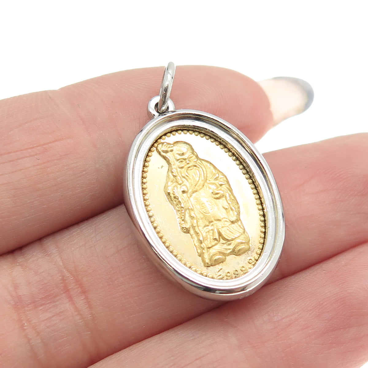 999 Fine Silver 2-Tone Vintage Chinese Character Oval Pendant