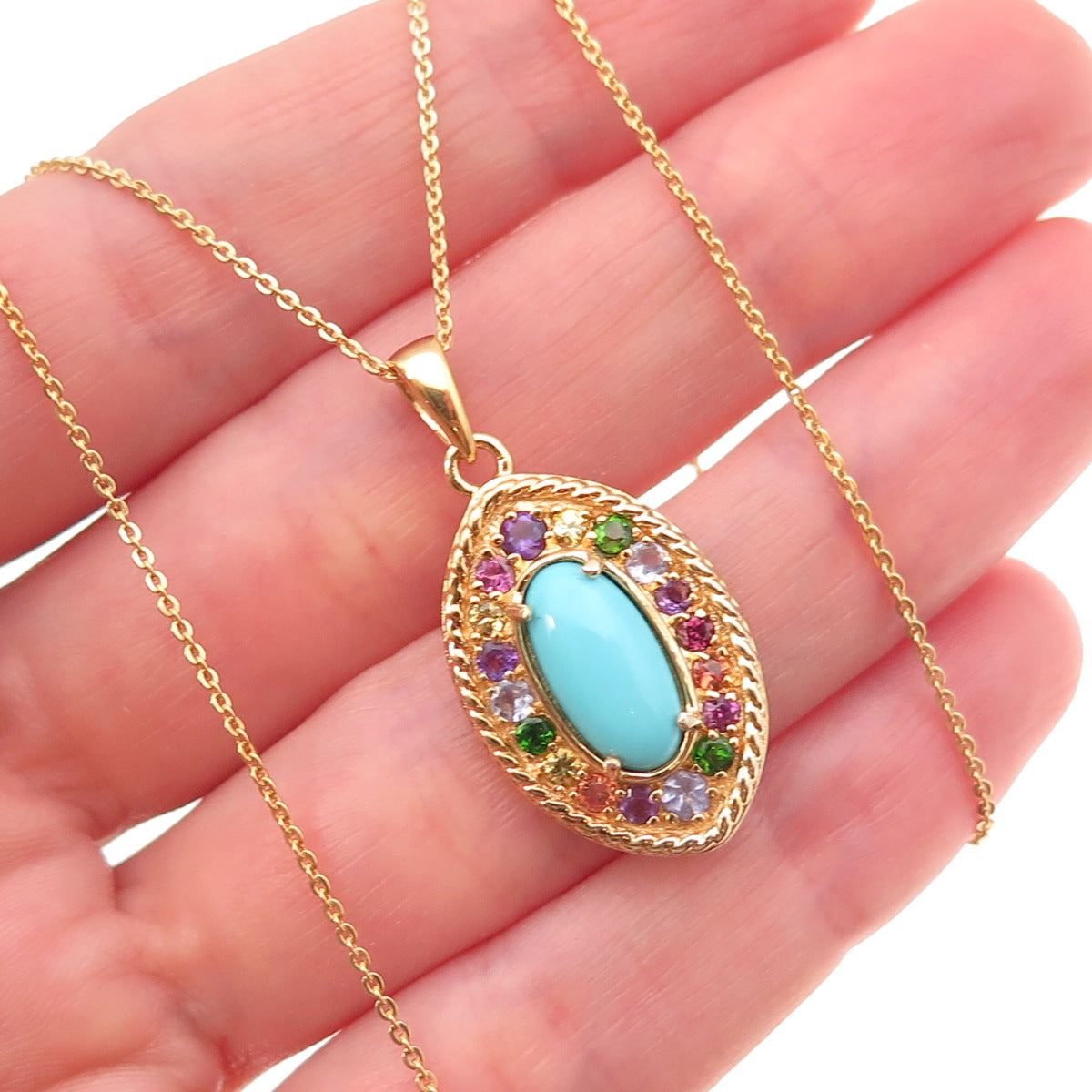 D'Joy Sterling Silver Gold Plated Real Turquoise & Multi-Gem Chain Necklace 20"