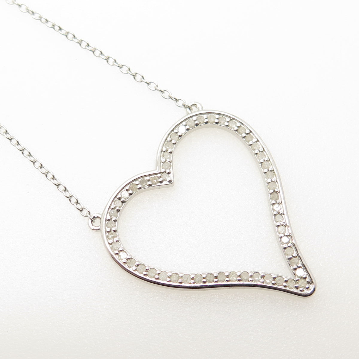 925 Sterling Silver Real Round-Cut Diamond Open Heart Cable Chain Necklace 18"