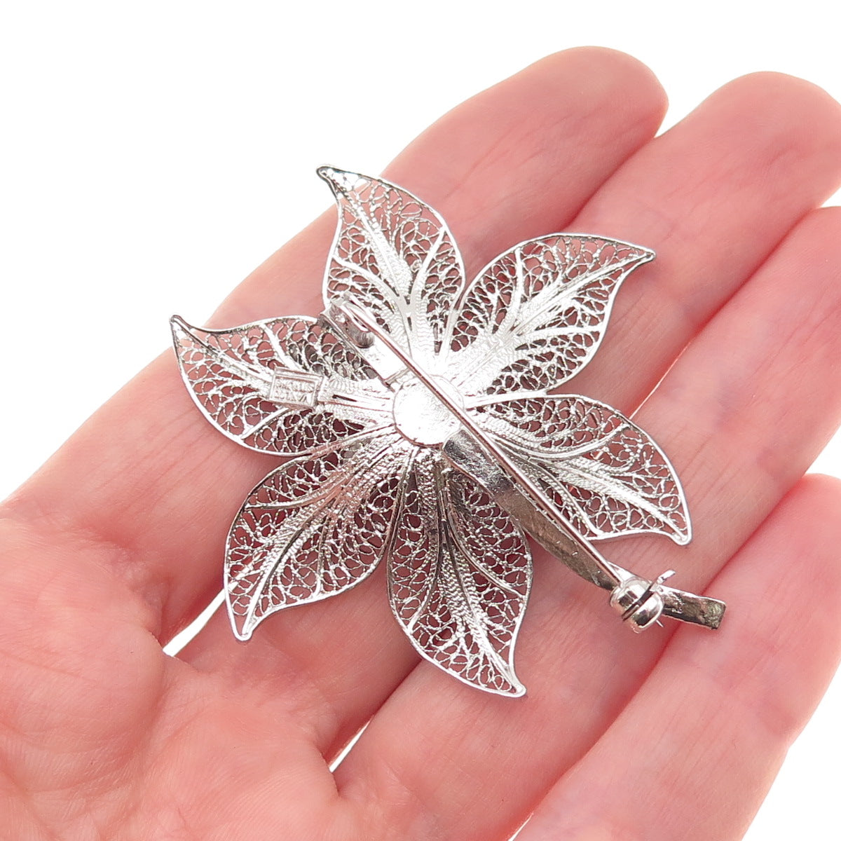 Van Lou 925 Sterling Silver Vintage Enamel Floral Filigree Pin Brooch