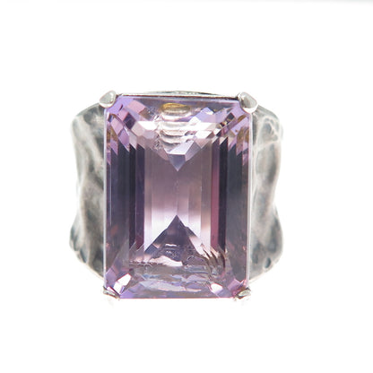 925 Sterling Silver Vintage Real Emerald-Cut Amethyst Hammered Ring Size 7.5