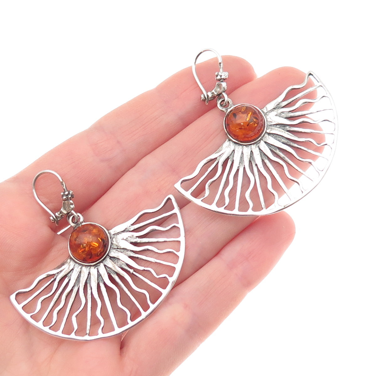925 Sterling Silver Vintage Poland Real Amber Sun Modernist Dangle Earrings