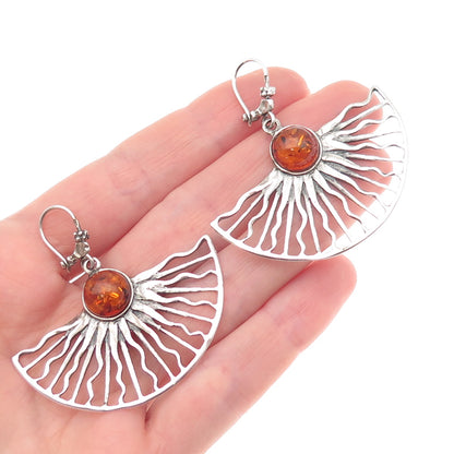 925 Sterling Silver Vintage Poland Real Amber Sun Modernist Dangle Earrings