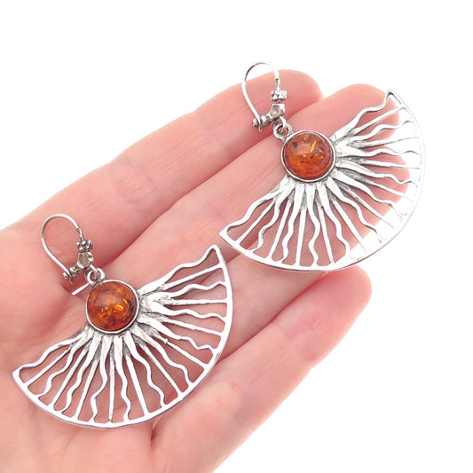 925 Sterling Silver Vintage Poland Real Amber Sun Modernist Dangle Earrings