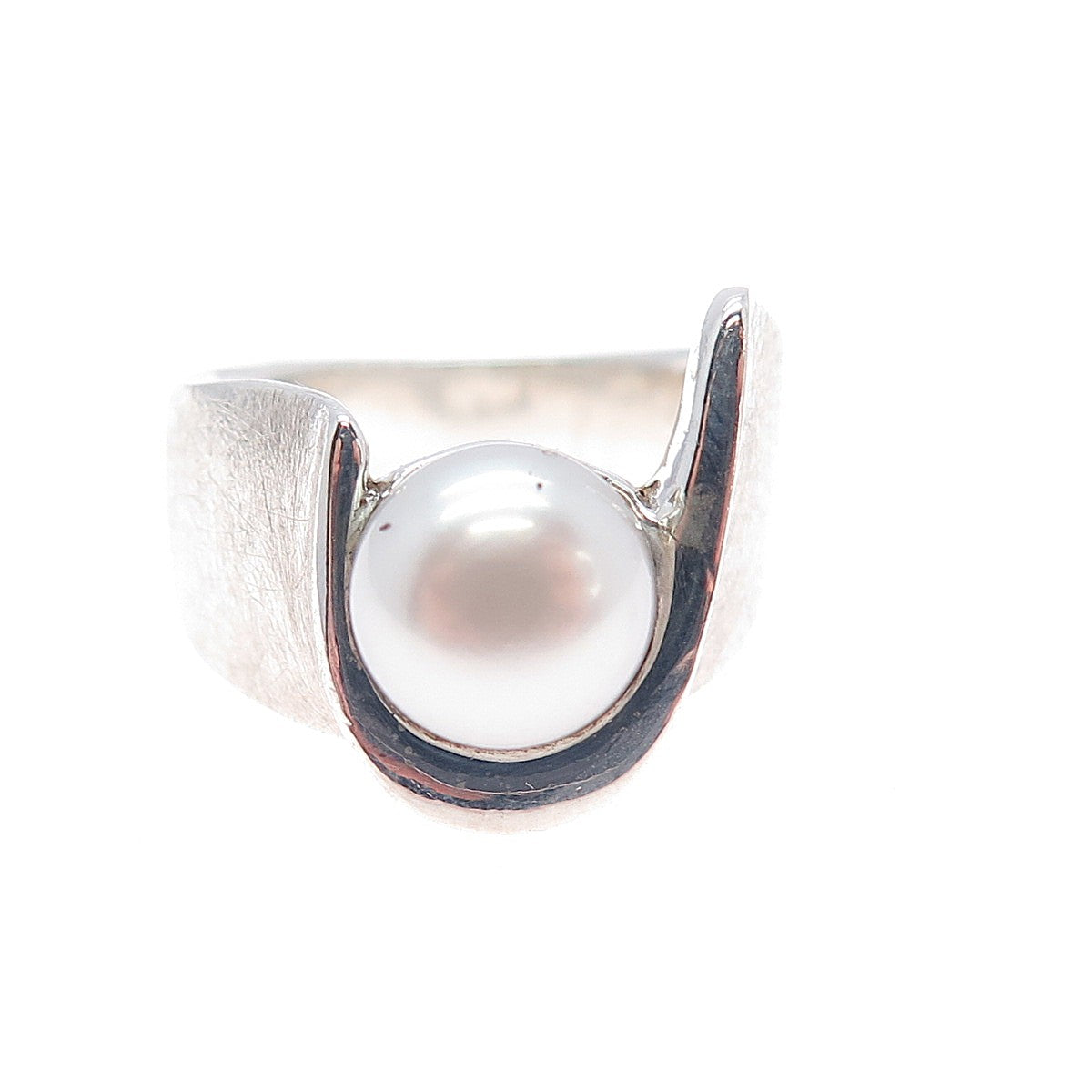 925 Sterling Silver Vintage Real Pearl Modernist Ring Size 6