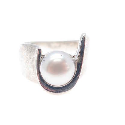 925 Sterling Silver Vintage Real Pearl Modernist Ring Size 6