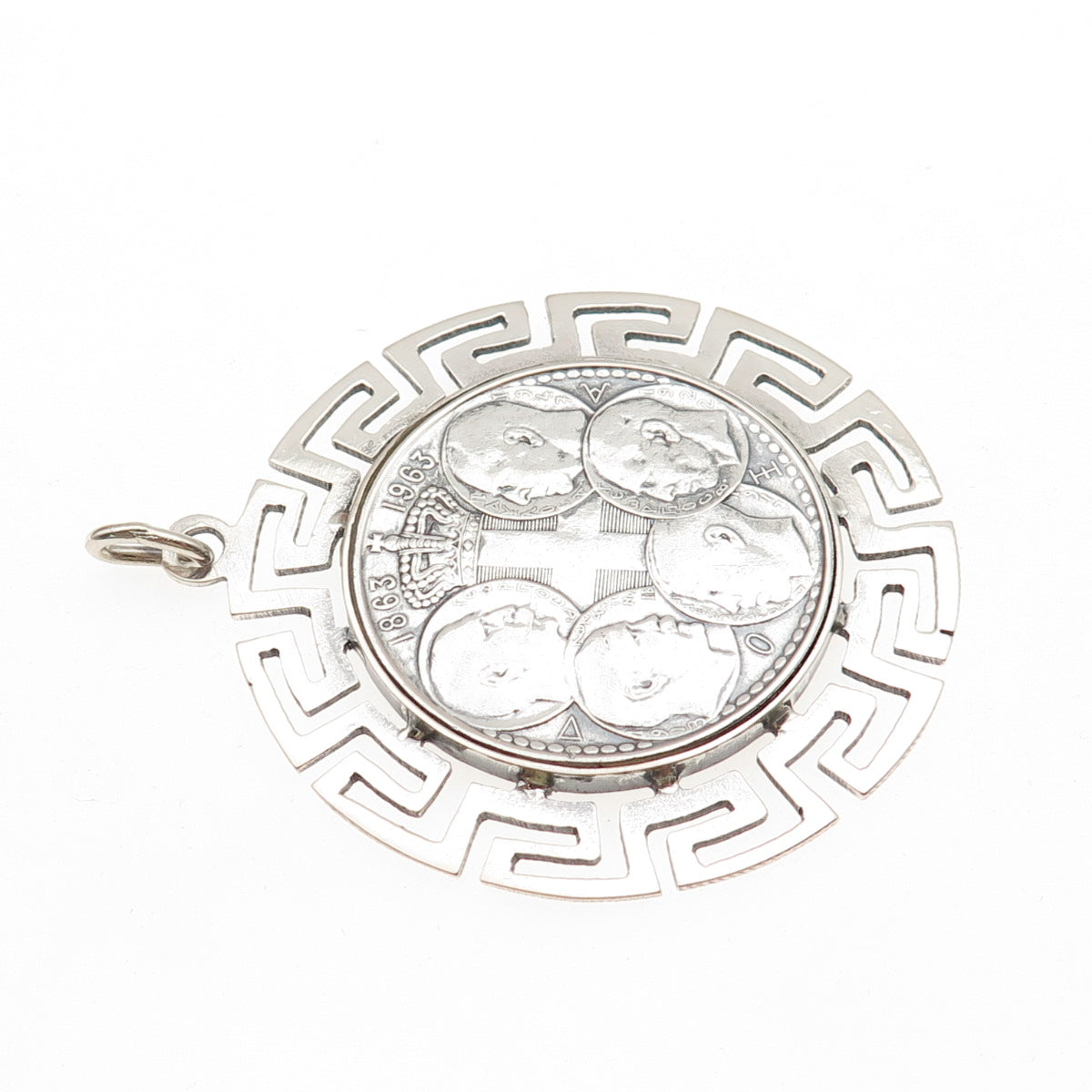 835 Silver Coin & Sterling Frame Vintage 1963 Greece 30 Drachmai Paul I Pendant