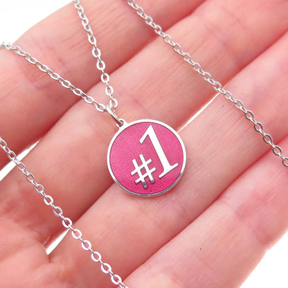 925 Sterling Silver Pink Enamel Number 1 Cable Chain Necklace 18"
