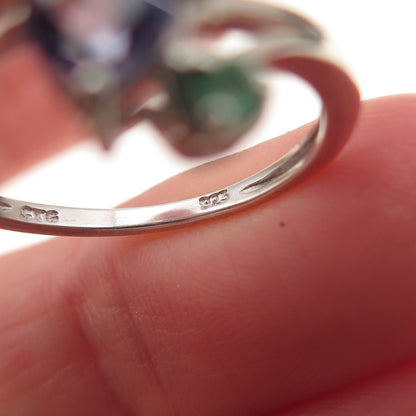Chuck Clemency 925 Sterling Silver Real Tanzanite & Emerald Heart Ring Size 8.25