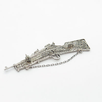 925 Sterling Silver Vintage Rifle Ornate Pin Brooch