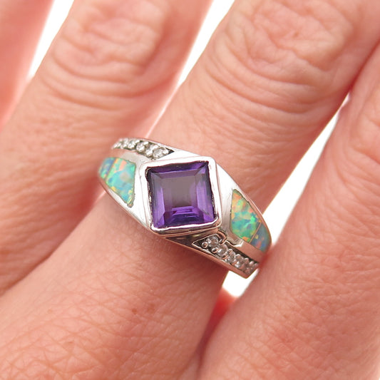 Aziz Kahili 925 Sterling Silver Vintage Real Amethyst Opal & C Z Ring Size 6.5