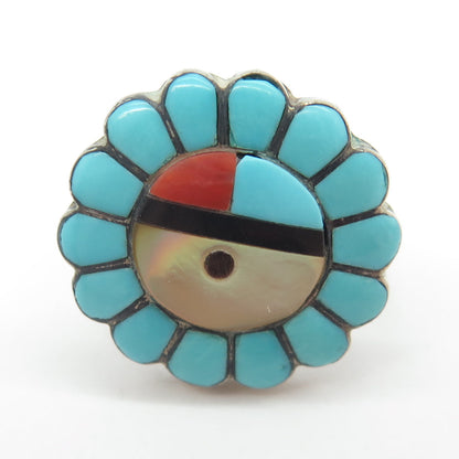 Old Pawn Zuni Sterling Silver Turquoise Coral Onyx MOP Sun Tribal Ring Size 4.5