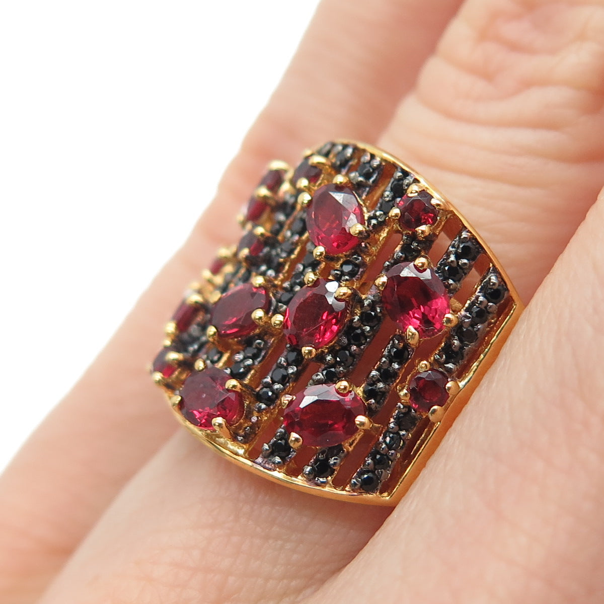 CHUCK CLEMENCY 925 Sterling Silver Gold Plated Real Ruby & Spinel Ring Size 5.25