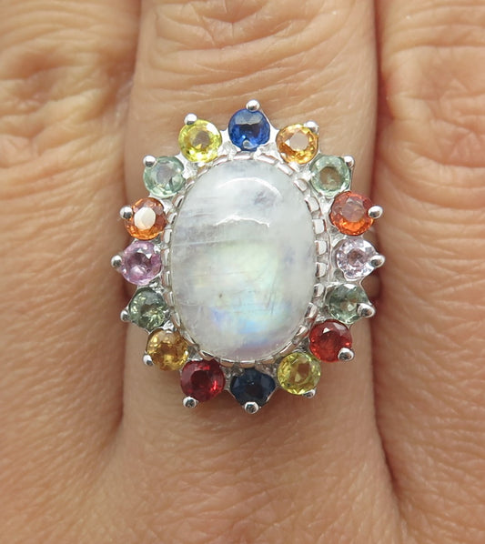 925 Sterling Silver Real Multi-Color Sapphire & Moonstone Floral Ring Size 6.75
