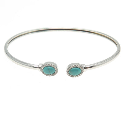 HAN 925 Sterling Silver Real Turquoise & C Z Adjustable Bangle Bracelet 7"