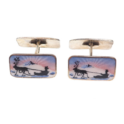 Aksel Holmsen 925S Sterling Gold Plated Vintage Norway Enamel Reindeer Cufflinks
