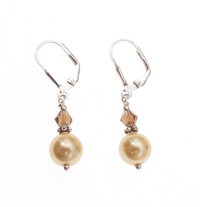 925 Sterling Silver Vintage Faux Pearl & Real Smoky Quartz Dangle Earrings