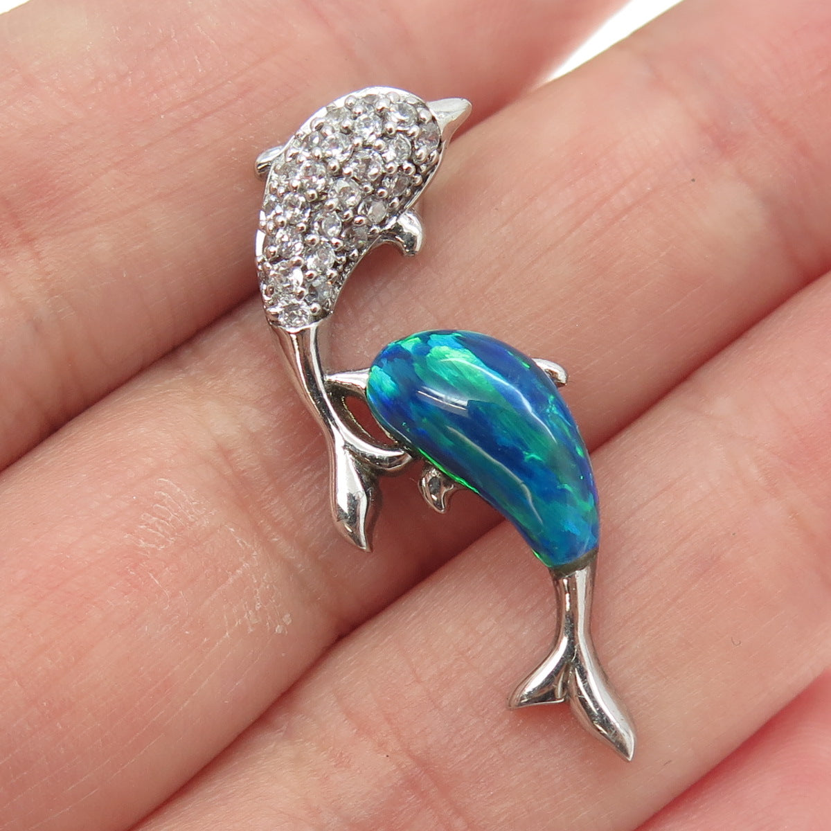 925 Sterling Silver Real Doublet Opal & Round-Cut C Z Dolphin Couple Pendant