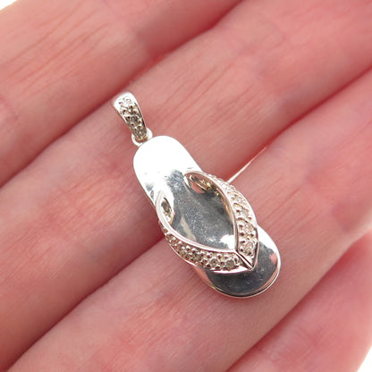 925 Sterling Silver Real Round-Cut Diamond Flip Flop 3D Charm Pendant