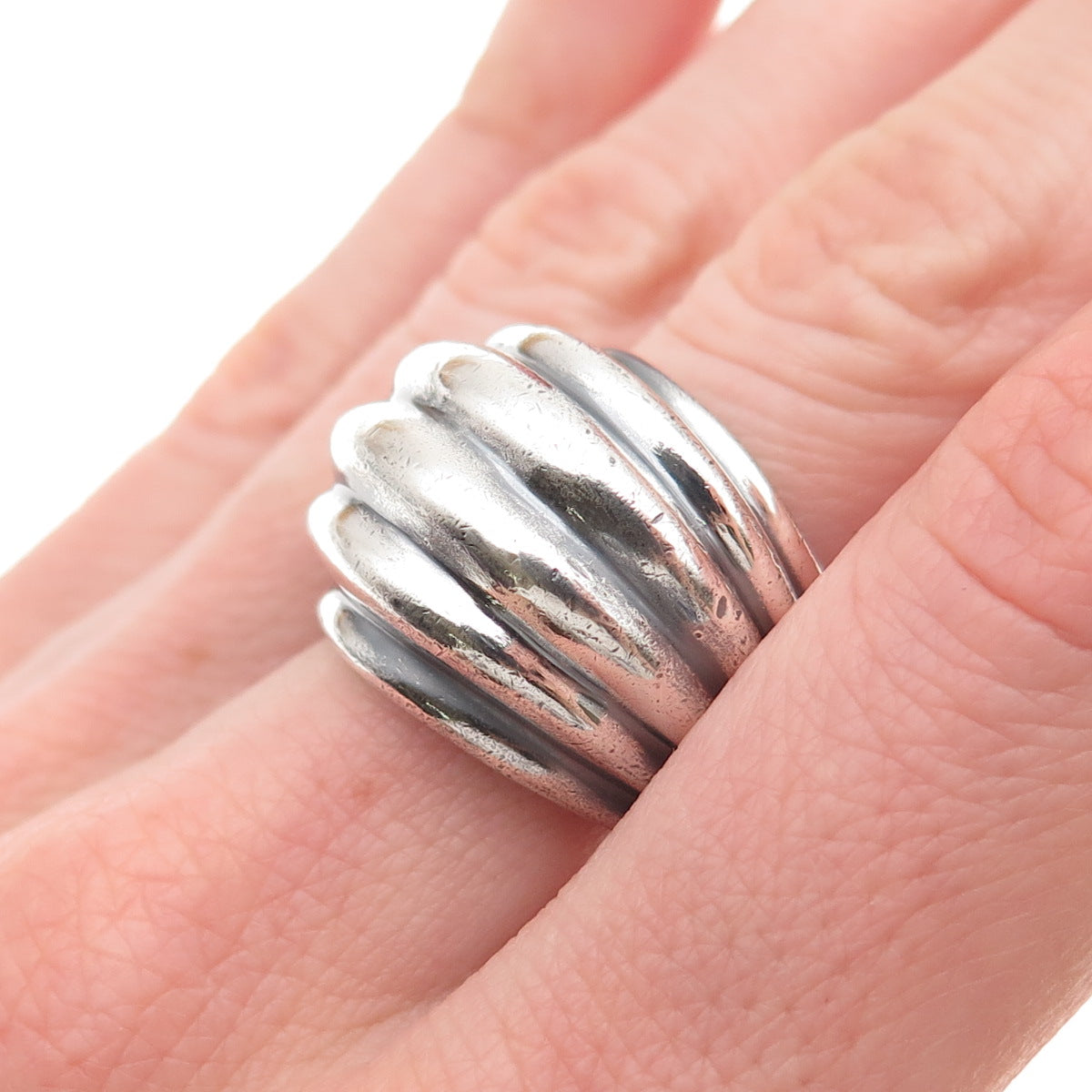 925 Sterling Silver Vintage Mexico Modernist Ribbed Oxidized Ring Size 8.5